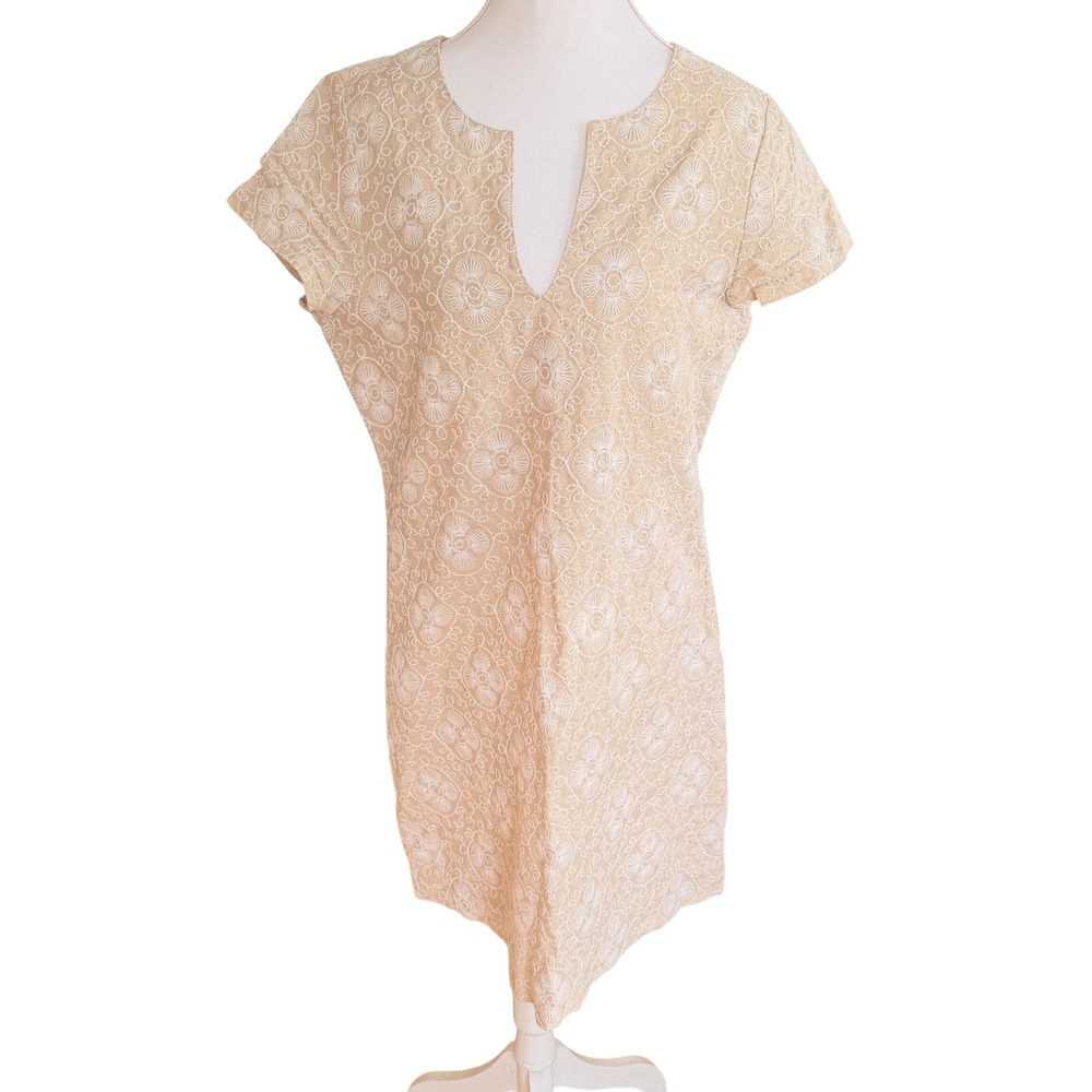 Vineyard Vines Womens Linen Embroidered Shift Dress Tan White Floral Size 6